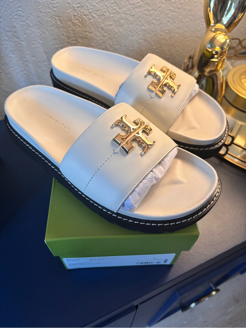 Tory Burch Cream Leather Slide Sandals with Gold Logo